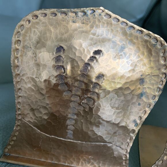 Vintage Hammered Copper Bookends Pair Rustic Tree Motif MCM Artsy Brutalist - Picture 14 of 16